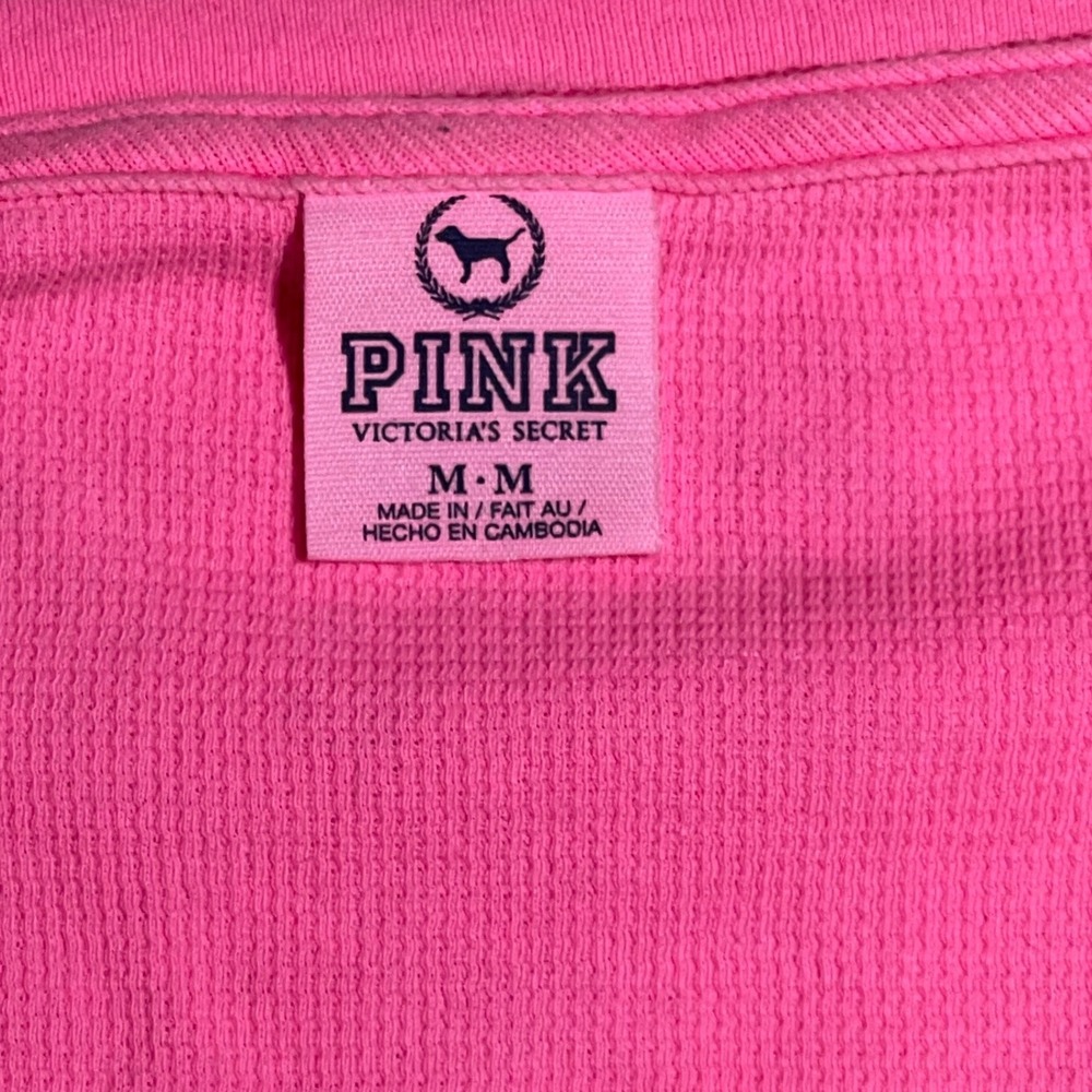 PINK Victoria's Secret Waffle Knit Thermal V-Neck Top Neon Pink Medium - Picture 4 of 6